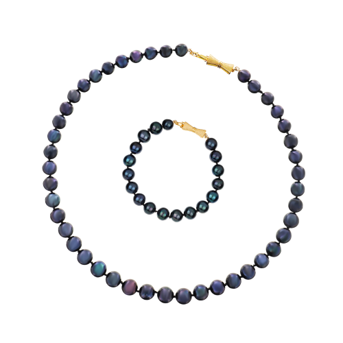 LAMAR NOIR Komplet naszyjnik bransoletka czarne perły naturalne