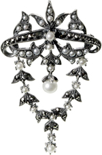 srebrna broszka z markazytami i perłami